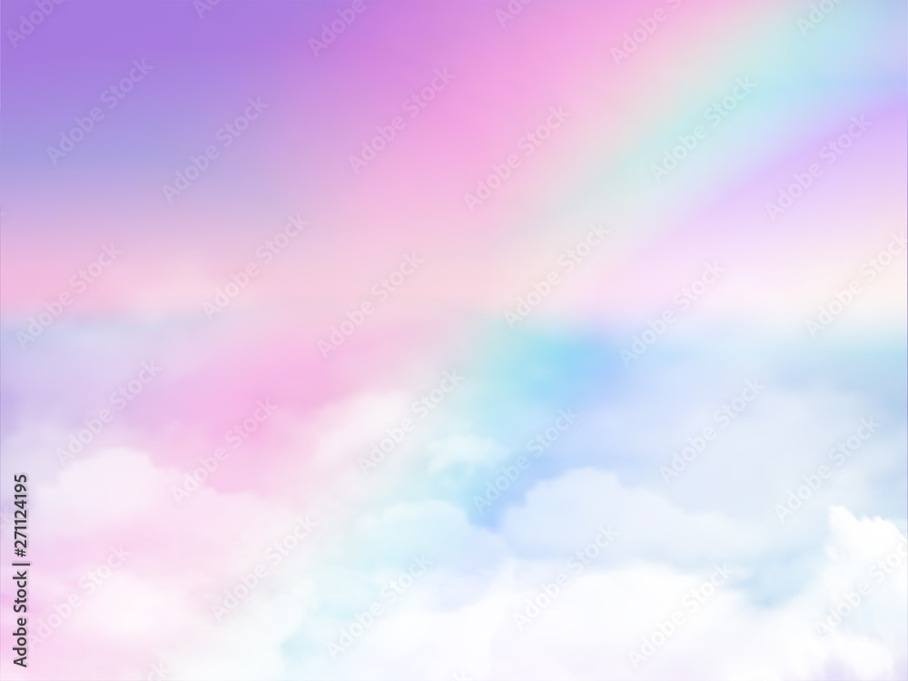 fantasy magical landscape rainbow on sky abstract big volume texture fluffy clouds shine close up view straight - obrazy, fototapety, plakaty 