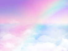 Fantasy Magical Landscape Rainbow On Sky Abstract Big Volume Texture Fluffy Clouds Shine Close Up View Straight