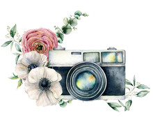 Watercolor Card Composition With Camera And Anemone, Ranunculus Bouquet. Hand Painted Photographer Logo With Flower Illustration Isolated On White Background. For Design, Prints Or Background.