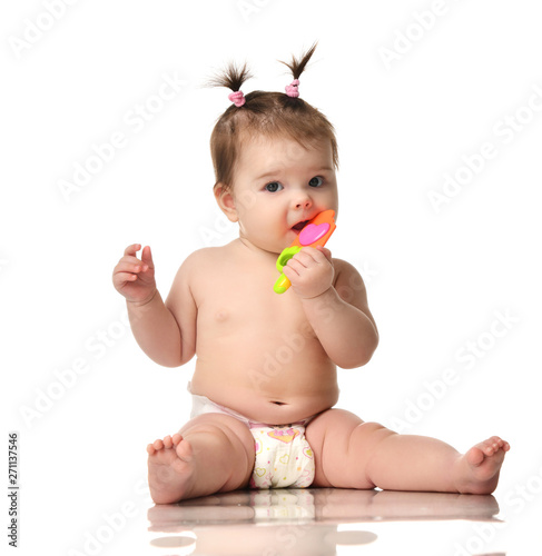 Infant Child Baby Girl Toddler Sitting In Diaper Happy