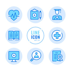 Poster - Medical education vector line icons set. Medical school, college, healthcare education and training, internship outline symbols. Thin line design. Modern simple stroke graphic elements. Round icons