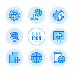 Poster - globe vector line icons set. global business, communication, travel, world map, location, planet ear