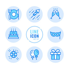 Poster - Party vector line icons set. Celebration, holiday, event, champagne flutes, disco, gift, cheers outline symbols. Thin line design. Modern simple stroke graphic elements. Round icons