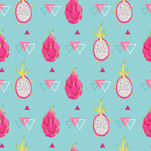 Seamless Botanical Pattern With Dragon Fruits, Pitaya Background. Hand Drawn Vector Illustration In Watercolor Style For Summer Romantic Cover, Tropical Wallpaper, Vintage Texture