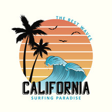 California Slogan For T-shirt Typography With Waves And Palm Trees. Surf Tee Shirt Design, Surfing Apparel Print. Vector Illustration.