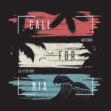 California T-shirt Typography With Color Grunge Background, Wave And Palm Trees Silhouettes. Trendy Apparel Design. Vector Illustration.