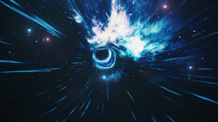 Travel through a wormhole through time and space filled with millions of stars and nebulae. Wormhole space deformation, science fiction. Black hole. Vortex hyperspace tunnel. 3D illustration