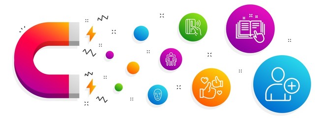 Poster - Magnet attracting. Contactless payment, Group and Face biometrics icons simple set. Technical documentation, Like and Add user signs. Bank money, Managers. People set. Vector