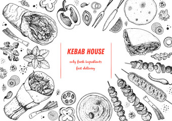 Doner kebab and ingredients for kebab, sketch illustration. Arabic cuisine frame. Fast food menu design elements. Shawarma hand drawn frame. Middle eastern food.