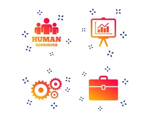 Wall Mural - Human resources and Business icons. Presentation board with charts signs. Case and gear symbols. Random dynamic shapes. Gradient hr icon. Vector