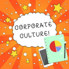 Writing note showing Corporate Culture. Business concept for beliefs and attitudes that characterize a company Layout Smartphone Off Ballpoint Notepad Business Pie Chart