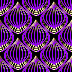 Ornamental violet 3d greek vector seamless pattern. Abstract patterned paisley flowers. Modern vintage background. Greek key meanders gold ornament. Luxury surface design. Beautiful endless texture