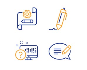 Poster - Online quiz, Signature and Cogwheel blueprint icons simple set. Message sign. Web support, Written pen, Edit settings. Speech bubble. Science set. Linear online quiz icon. Colorful design set. Vector