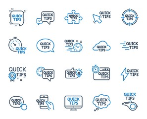Poster - Quick tips line icons. Set of Helpful tricks, Solution and Quickstart guide linear icons. Tutorial, helpful tips and turning tricks. Hand hold smartphone, Quick chat, tutorial, whistle signs. Vector