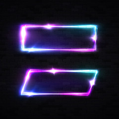 Wall Mural - two glowing electric wiring borders with light flash stars sparkles on black brick wall background. 