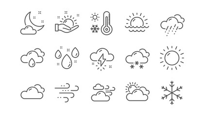 weather and forecast line icons. cloudy sky, winter snowflake, thermometer. moon night, rain and sun