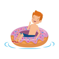 Wall Mural - cute little boy with swimsuit and donut float