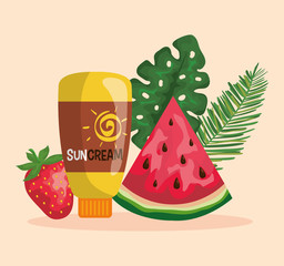 Poster - watermelon and strawberry fruits with suncream and leaves