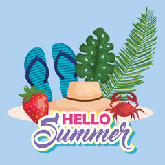 Poster - flip-flop with strawberry fruit and hat with crab and leaves