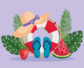 Canvas Print - float with fruits and flip-flop with hat and leaves plants