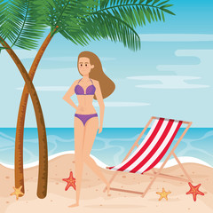 Sticker - woman wearing swimsuit with tanning chair and palms trees