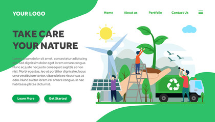 Wall Mural - ecology and environment creative illustration vector for landing page , small people in ecology and environment illustration vector , save the planet, save energy, Earth Day landing page