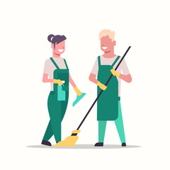 Wall Mural - couple janitors man woman in uniform cleaning service concept cleaners holding mop and spray plastic bottle working together full length flat