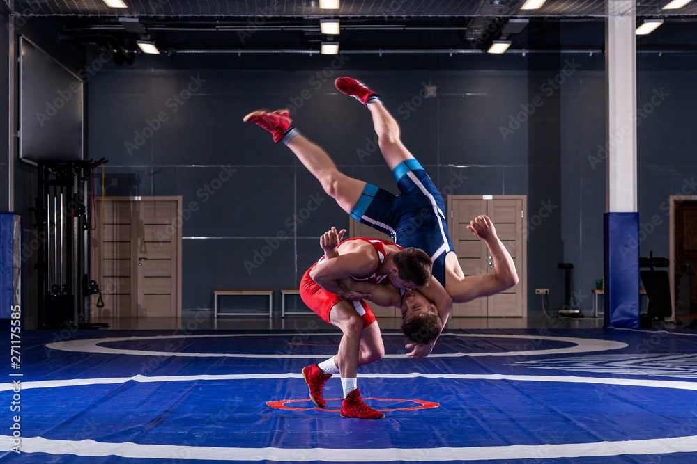 Two strong wrestlers in blue and red wrestling tights are wrestlng and making a  making a hip throw  on a yellow wrestling carpet in the gym. Young man doing grapple. - obrazy, fototapety, plakaty 