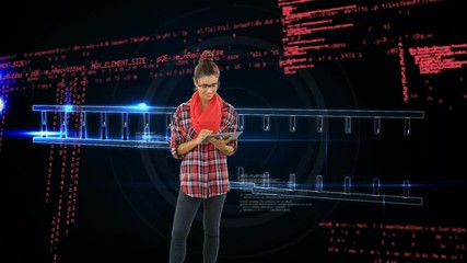 Poster - Woman using a digital tablet and DNA double helix