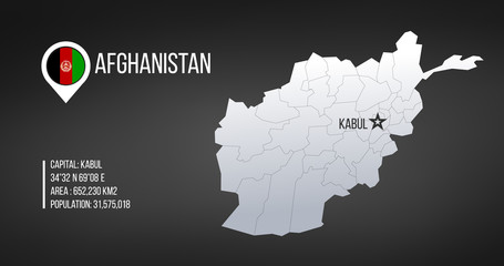 Afghanistan detailed map with regions and Kabul capital star and statistic information. Vector illustration isolated on black background.