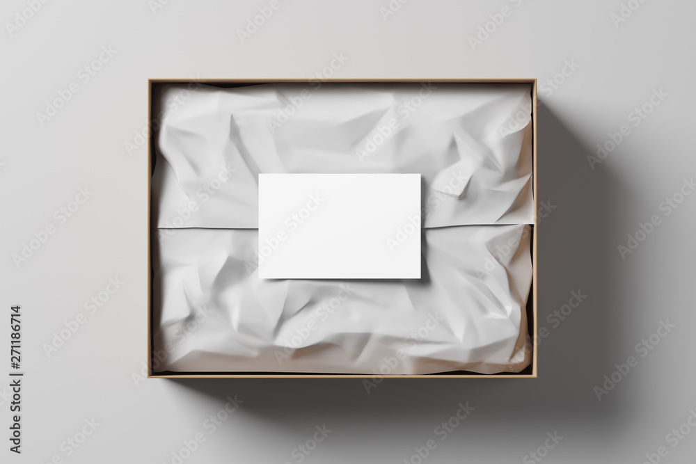 Open gift box with white wrapping paper and business card on a light background. Business gift. Mock up. Top view. 3d rendering - obrazy, fototapety, plakaty 