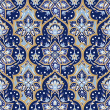Indian Paisley Pattern Vector Seamless. Floral Arabesque Damask Ornament Motif. Batik Indonesia Ethnic Print. Oriental Design For Wallpaper, Muslim Silk Scarf Fabric, Curtain Textile, Boho Blanket.