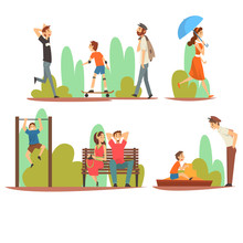 People Relaxing And Doing Sports In Park, Men, Women And Children Spending Time And Enjoying Nature Outdoors Vector Illustration