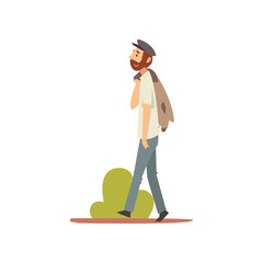 Sticker - Bearded Man Walking in Park, Guy Relaxing and Enjoying Nature Outdoors Vector Illustration