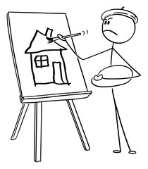 Wall Mural - Vector cartoon stick figure drawing conceptual illustration of self-important man or artist with beret and palette painting amateurish house on canvas with brush.