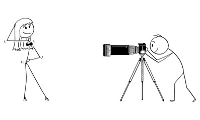 Canvas Print - Vector cartoon stick figure drawing conceptual illustration of man with camera on tripod or photographer taking photo of young sexy woman wearing