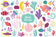 Sea animals - fish, jellyfish, seaweed, starfish, shell, corals, polyp
