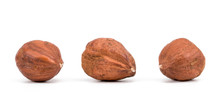 Hazelnuts On A White Background. Three Hazelnuts On A White Background