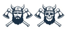 Viking Emblem Tattoo - Bearded Warrior In A Horned Helmet And Crossed Axes. Option With A Skull. Vector Illustration.