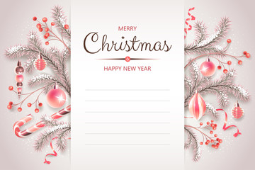 Christmas postcard with Fir branches, berries, decoration, ribbons and other festive elements on light background.