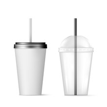 Plastic Transparent Disposable Cup With Black Straw For Cocktail And Disposable Container With Black Lid For Ice Drink. Vector Illustration Isolated On White Background
