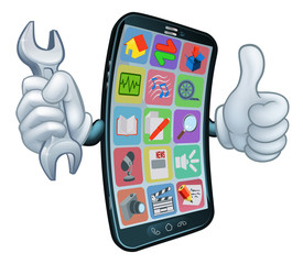 Wall Mural - A mobile phone repair service or perhaps plumber or mechanic app cartoon character mascot holding spanner and giving a thumbs up.