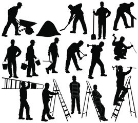 Set of silhouettes of builder men in helmet with isolated on white background. Icons of man working with  instruments: ladder, pliers, bucket, bricks, burrow, hammer.