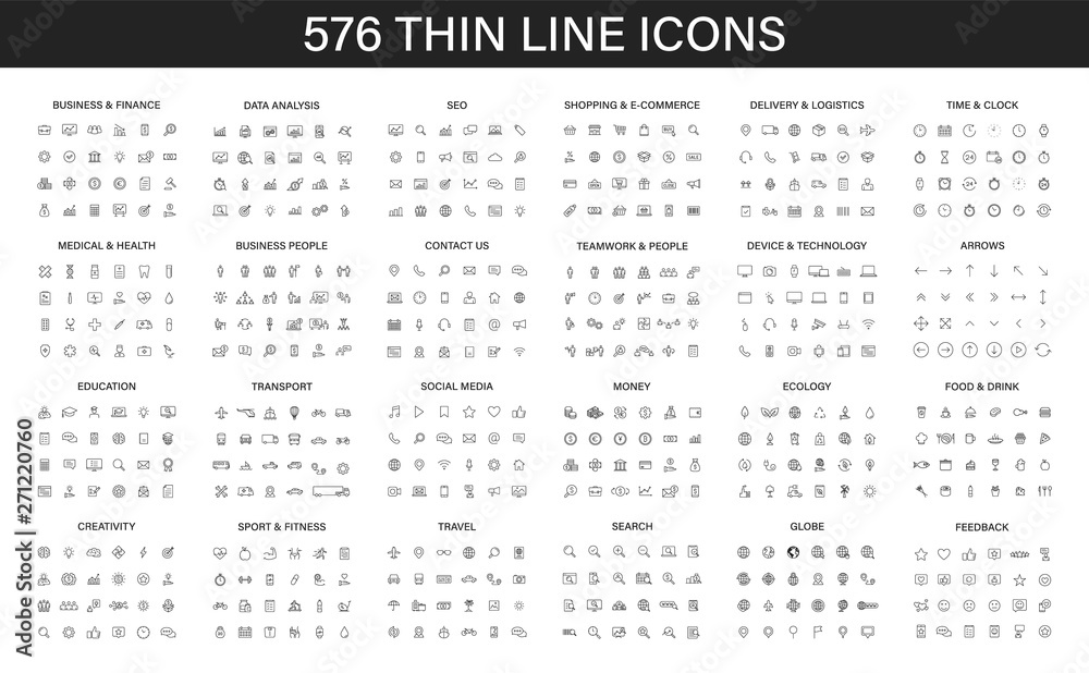 Big vector collection of 576 thin line Web icon. Business, finance, seo, shopping, logistics, medical, health, people, teamwork, contact us, arrows, technology, social media, education, creativity. - obrazy, fototapety, plakaty 