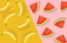 Banana And Watermelon Abstract Pattern Vector Realistic. Colorful Poster Background. 3d Detailed Juicy Fruits Slices