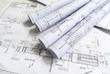 © Maksym Dykha - The part of engineering project. Workplace with blueprints.