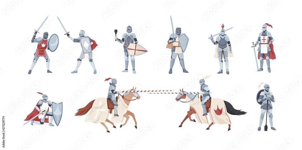Collection of knights. Bundle of warriors holding sword, shield, mace or fighting in battle isolated on white background. Set of medieval heroes wearing armor. Flat cartoon vector illustration. - obrazy, fototapety, plakaty 