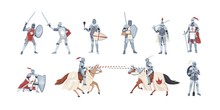 Collection Of Knights. Bundle Of Warriors Holding Sword, Shield, Mace Or Fighting In Battle Isolated On White Background. Set Of Medieval Heroes Wearing Armor. Flat Cartoon Vector Illustration.