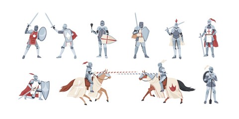 Collection of knights. Bundle of warriors holding sword, shield, mace or fighting in battle isolated on white background. Set of medieval heroes wearing armor. Flat cartoon vector illustration.