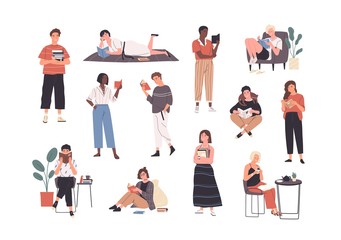 Poster - Collection of people reading or students studying and preparing for examination. Set of book lovers, readers, modern literature fans isolated on white background. Flat cartoon vector illustration.